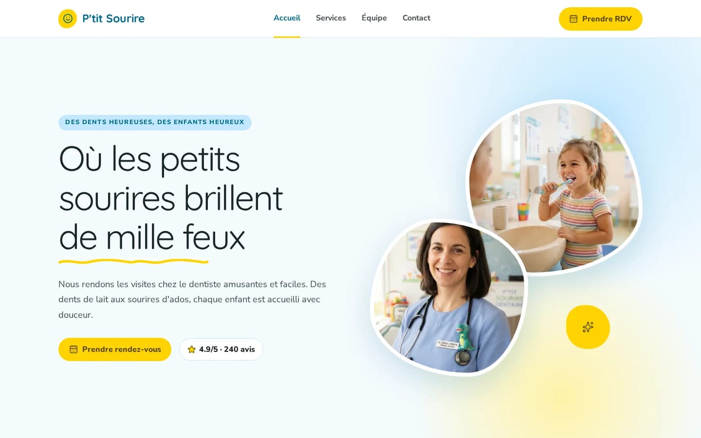 Page d’accueil du modèle Dentiste pédiatrique 01