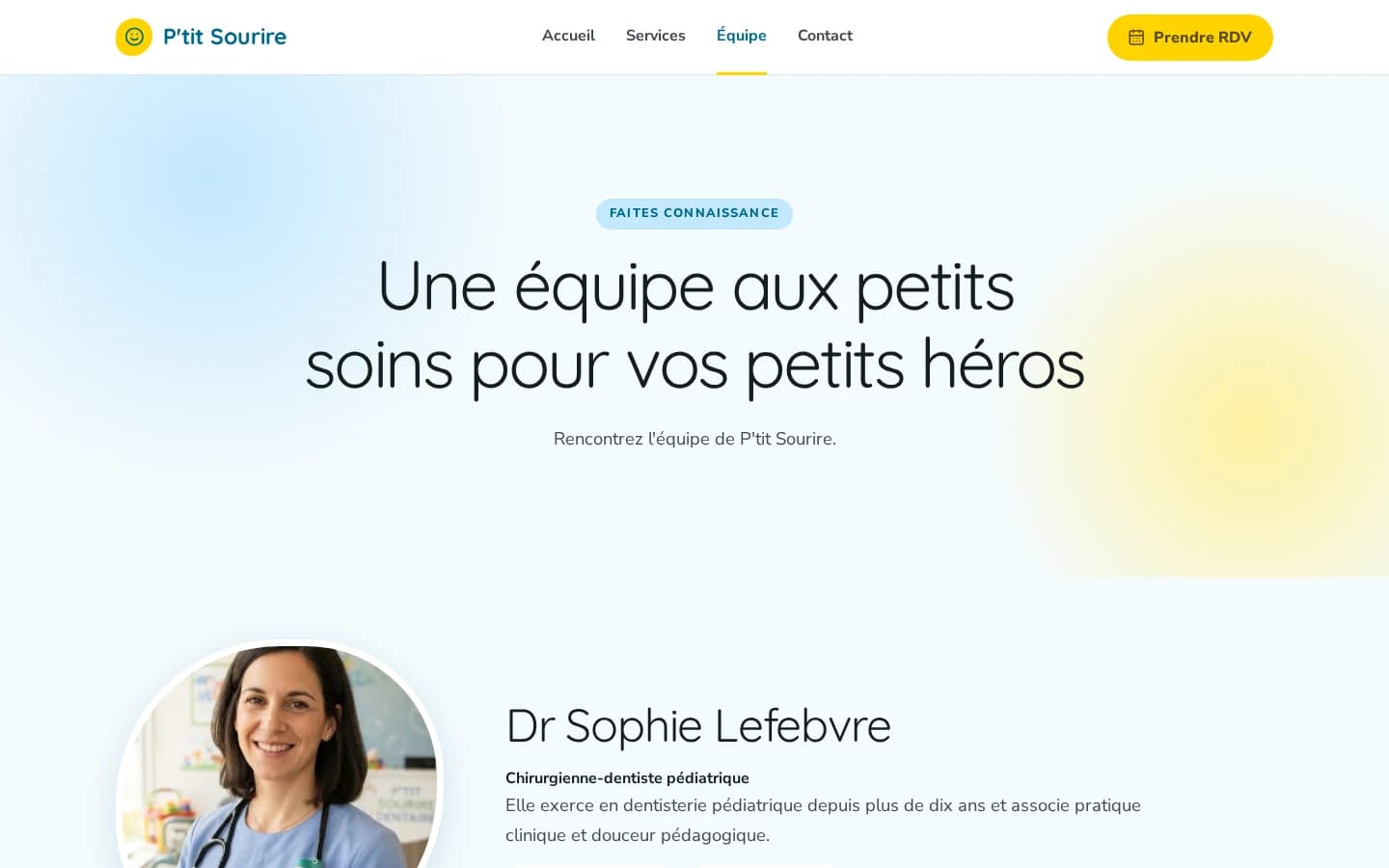 Page de l’équipe du modèle Dentiste pédiatrique 01